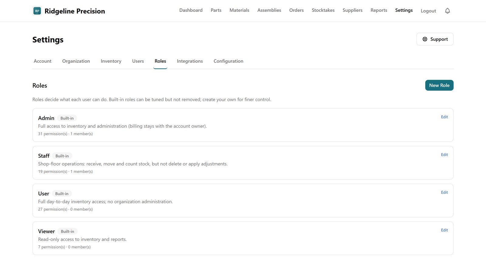 The user roles and permissions settings in My Tool Tracking
