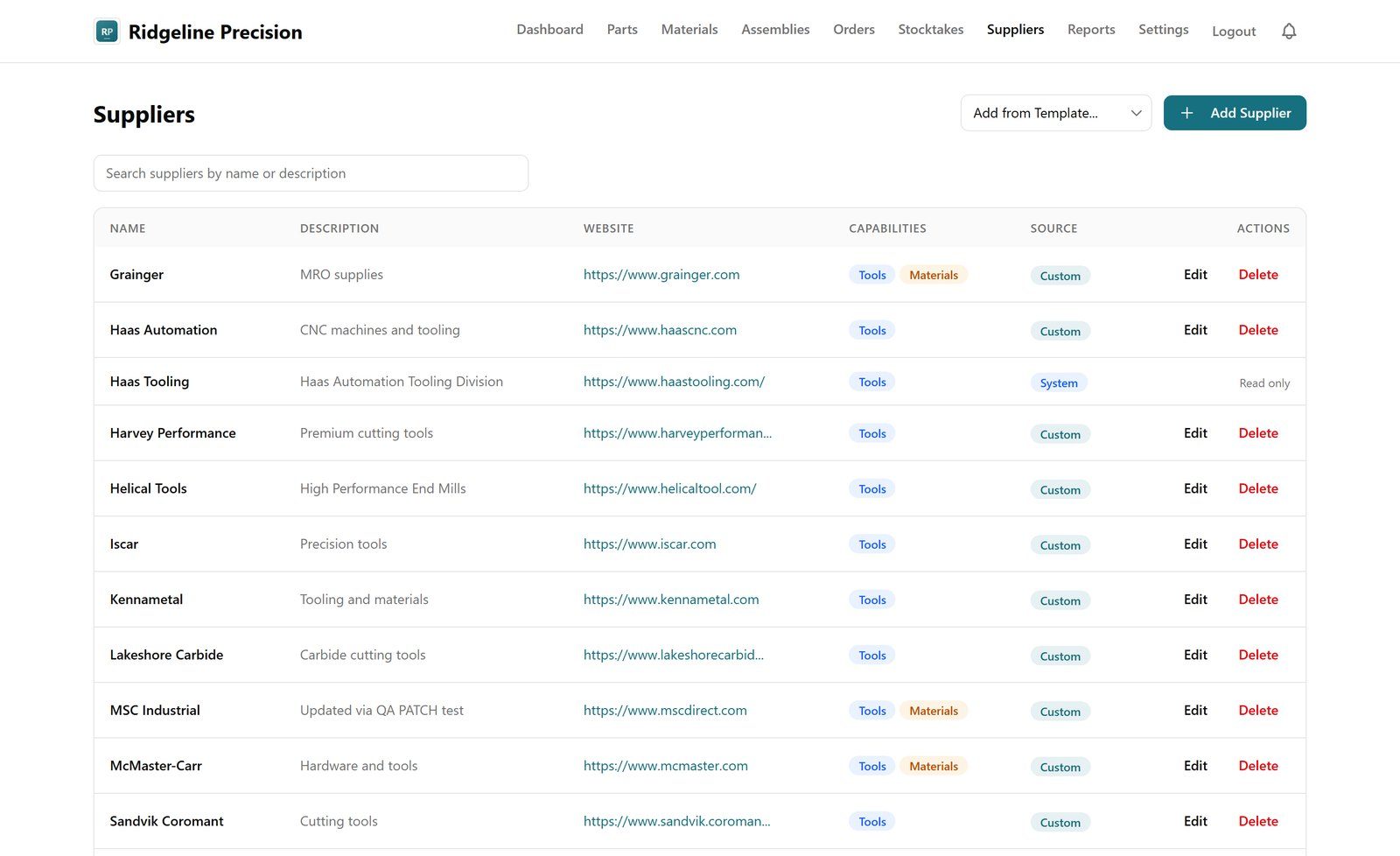 The suppliers screen in My Tool Tracking