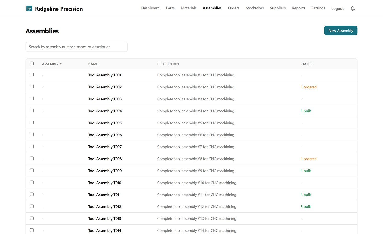 The tool assemblies screen in My Tool Tracking