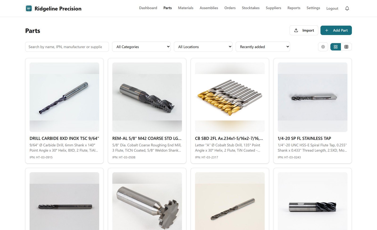 The parts catalogue, showing carbide drills, roughing end mills and taps with photos, descriptions and internal part numbers