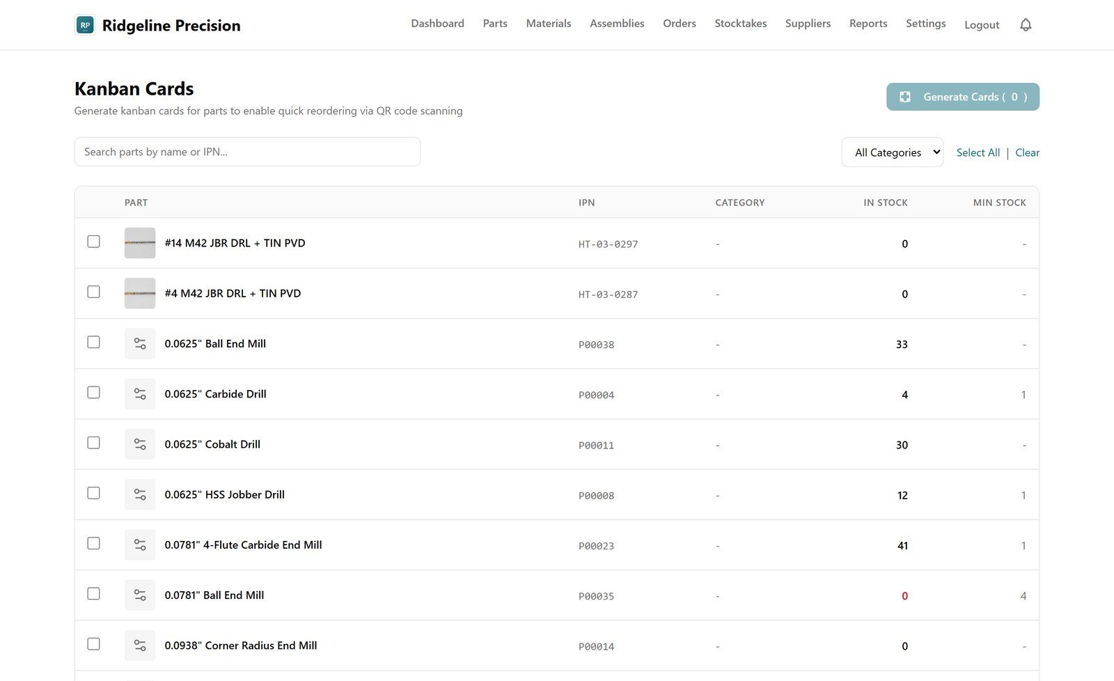 The kanban reordering board in My Tool Tracking