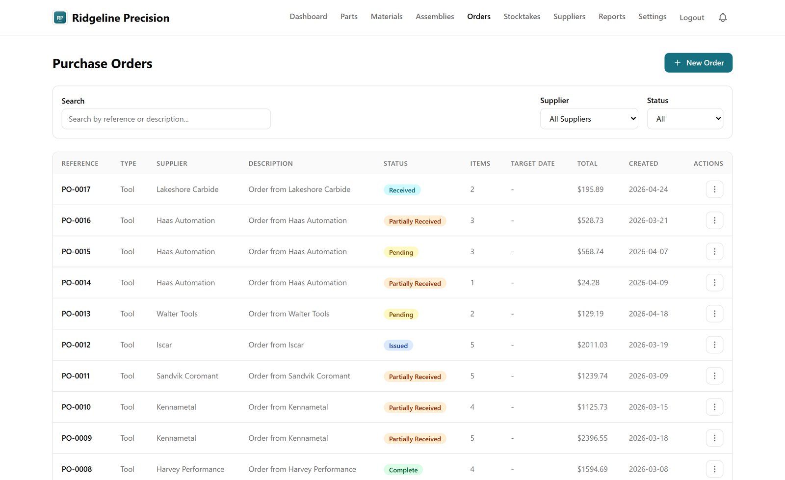 The purchase orders screen in My Tool Tracking